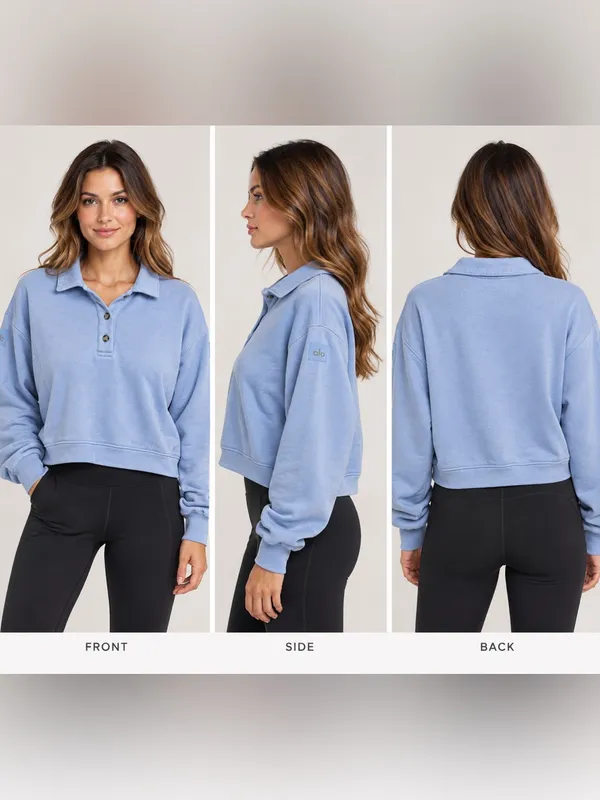 Alo Yoga Blue Cropped Polo Sweatshirt Women’s M/L Oversized Long Sleeve - Image 2
