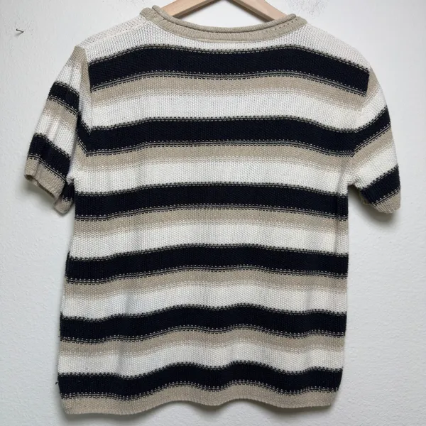 VTG‎ 90s Women Cotton Open Knit Sweater Large Preppy Tan Striped Black Coastal - Image 6