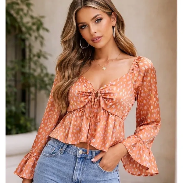 Altar'd State Orange Polka Dot Satin Peplum Top Long Bell Sleeve Smocked‎ Medium - Image 2