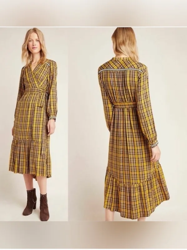 Anthropologie Yellow Plaid Dalton Wrap Midi Dress - Image 2