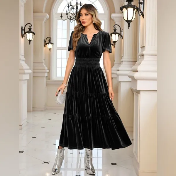 THML NEW Black Velvet Velour Tiered Maxi Dress Puff Sleeve Boho Cottagecore S - Image 2