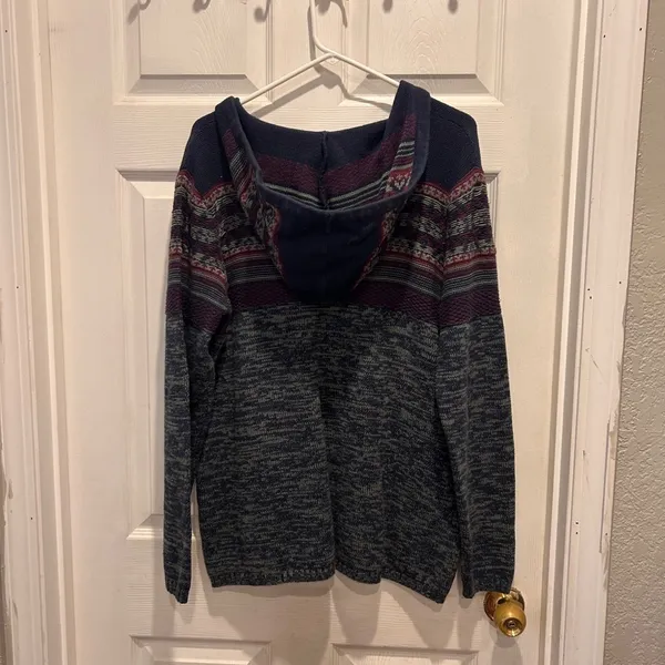 Natural Reflections Women XL Fair Isle Hooded Sweater Blue Burgundy Mixed Knit - Image 6