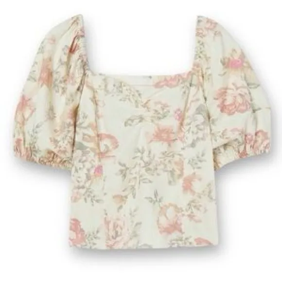 H&M vintage floral linen-blend puff sleeve top - Image 3