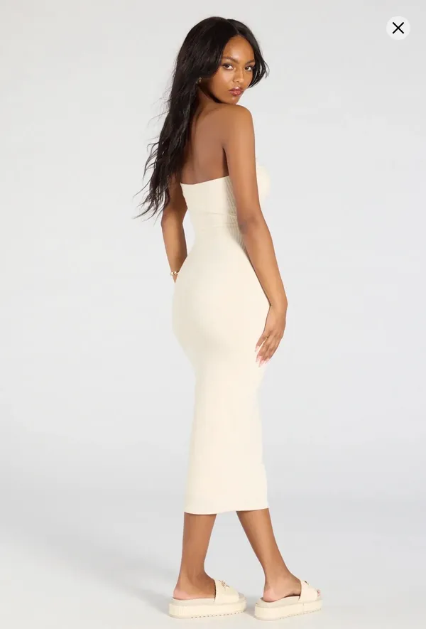 Windsor Strapless Cream Ribbed Bodycon Midi Dress - Image 2