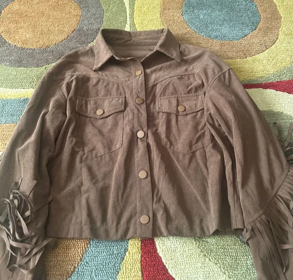 SheIn Light Brown Cropped Corduroy Shacket Shirt Jacket Western Fringe Small - Image 3