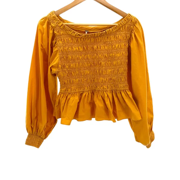 Free People Whoa Smocked Top M Mustard Yellow Poplin Puff Sleeve Peplum Blouse - Image 2