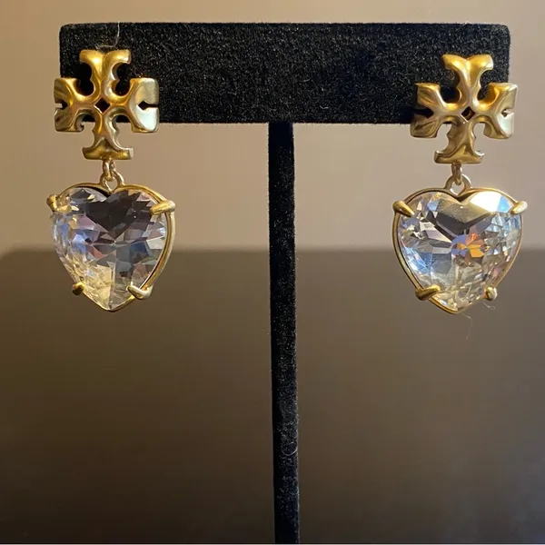 Tory Burch Kira Crystal faceted heart drops hanging from TB logo studs - Image 7