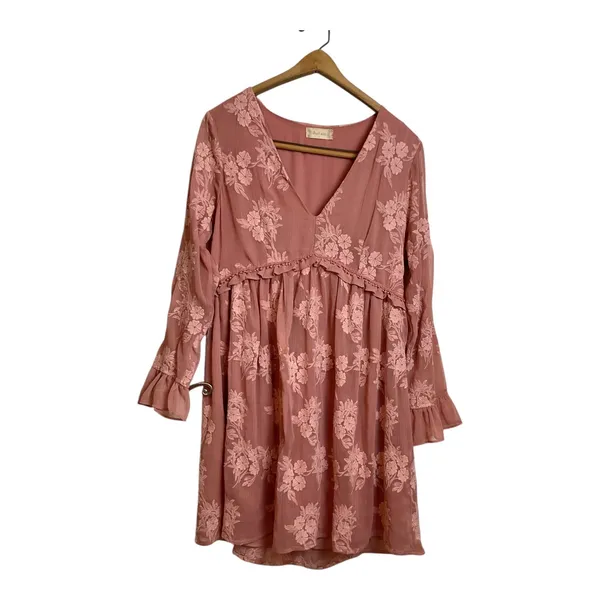 Altard State Dusty Rose Floral Embroidered Ruffle V Neck Mini Dress Long Sleeve - Image 6