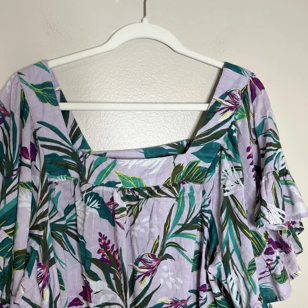 Womwns Blouse Boho Tropical Square Neck Ruffle 1X Maximalist Peasant Boho Resort - Image 3