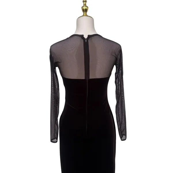 VTG 90s‎ Cache Velvet Beaded Evening Gown XS Brown Sheer Mesh Maxi FairyGrunge - Image 6