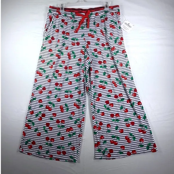Jockey‎ Womens Pajama Pants Large Cherry Print Striped Wide Leg Sleepwear New - Image 2