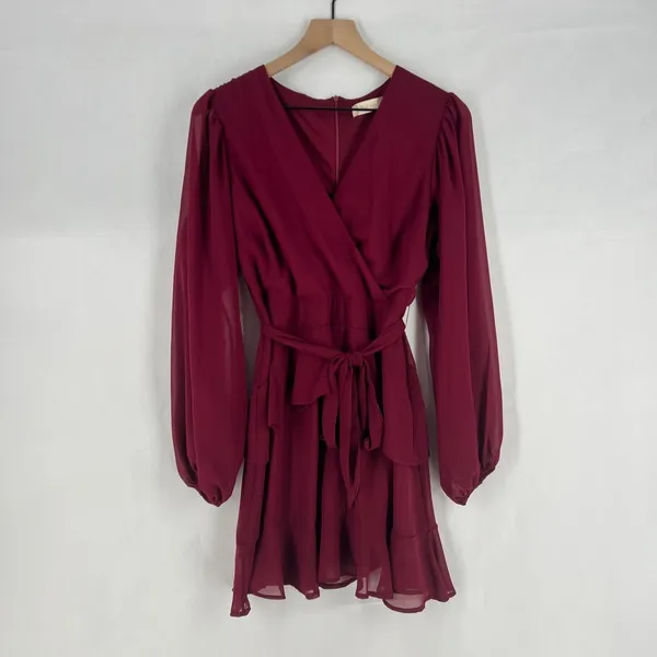 Altar'd State Mini Dress Womens M Red Tie Waist Balloon Sleeve Ruffle Wrap Front - Image 3
