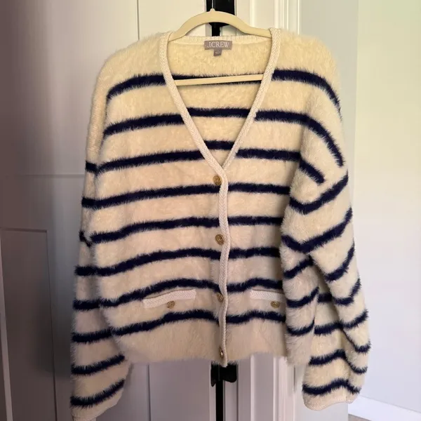 J. Crew lady jacket brushed cardigan stripe cream blue‎ gold button - Image 2
