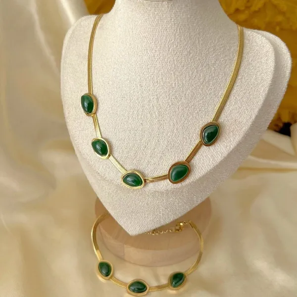 18K Gold Plated Emerald green snake Necklace SET Stainless Steel womens jewelry - Image 6