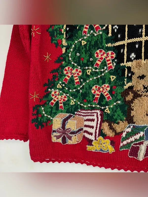 Vintage 90s Tiara International Red Christmas Sweater Sz Medium Teddy Bear Tree - Image 8