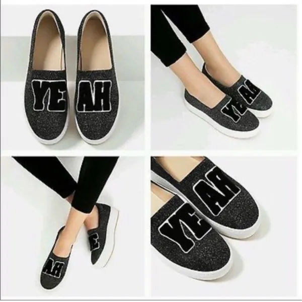 Zara 9 Sneakers YEAH Slip On Black Metallic Platform Canvas Casual Varsity Shoes - Image 2