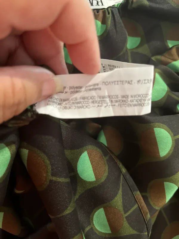 ZARA Olive Green Geometric Print Long Bishop Sleeve Satin Blouse | XL (aa) - Image 8