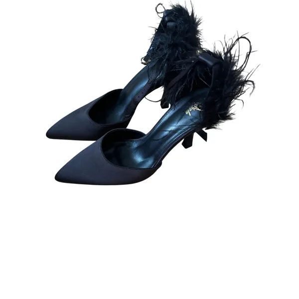 Black Satin Feather Trim Pointed Toe Stiletto Heels Women’s Size EU 38 US 7.5 - Image 5