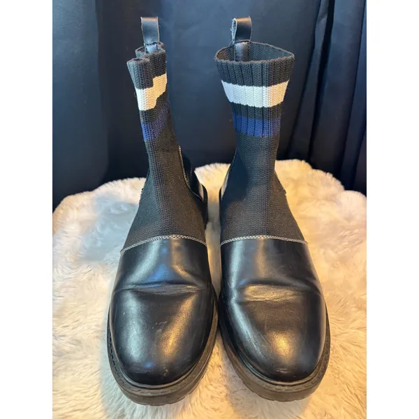 Black Ribbed Knit Sock Ankle Boots Striped Cuff Lug Sole Chelsea Boots Goth - Image 7