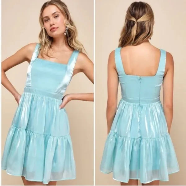 Lulus Thriving Darling Shiny Teal Blue Mermaidcore Sleeveless Tiered Mini‎ dress - Image 2