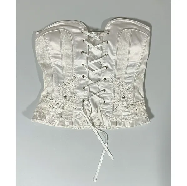 White Satin Silk Embroidered Floral Tie-Up Bridal Corset Top Bustier Lingerie Size S/M 🤍 - Image 2
