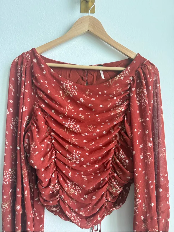 Free People L Ruched Floral Chiffon Open Back Blouse Balloon Sleeve Boho Top - Image 4