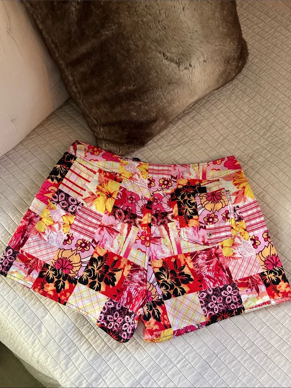 Vtg pink yellow black Hawaiian retro tropical patchwork boho 70’s board shorts L - Image 6