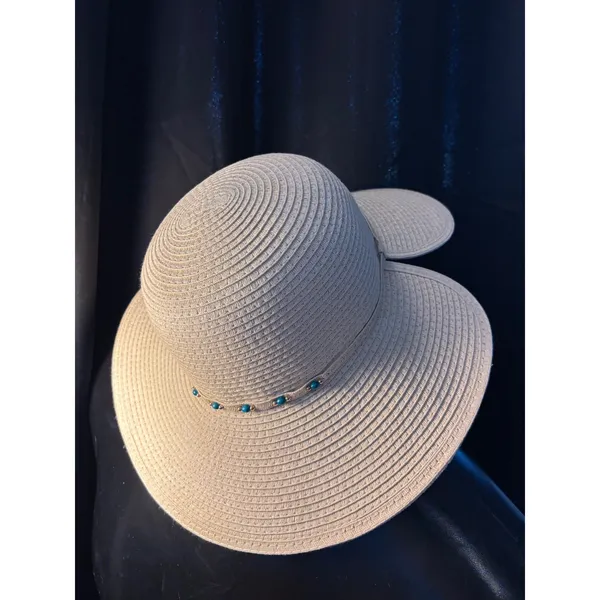 Woven Paper Straw Sun Hat Turquoise Bead Accent Split‎ Back Wide Brim Tan OSFM - Image 4