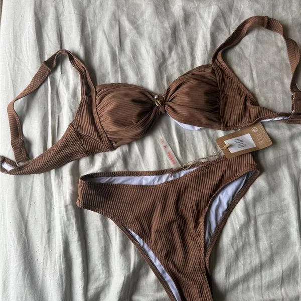 NWT Rihoas Brown Ribbed Bikini Set Size M - Image 4