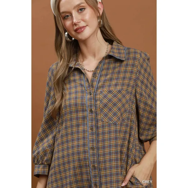 Umgee Plaid‎ Button Down Oversized Shirt Dress - Grey - Medium - Image 5