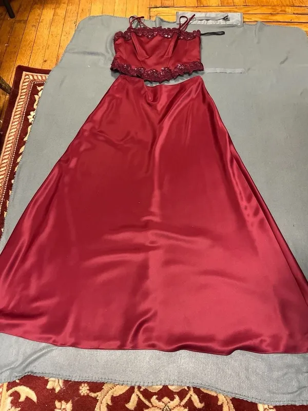 Polka USA Vintage Two-Piece Burgundy Satin Prom Dress Lace-Up Corset Top & Maxi - Image 3
