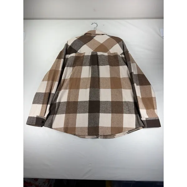 Womens XL Brown Cream Plaid Flannel Shacket Oversized Button Down Shirt - Image 9