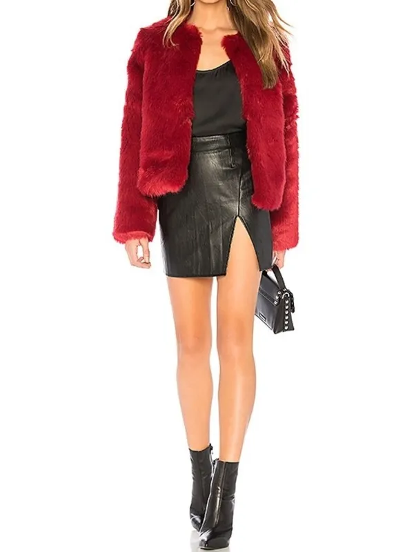 NEW Lovers + Friends NYC Faux Fur Jacket Cabernet Wine Red Fuzzy Eyelash Teddy S - Image 4