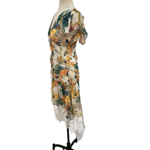 Anthropologie V-Neck Ruffle Lace Slip‎ Dress Floral White Multicolor Size US 4 - Image 8