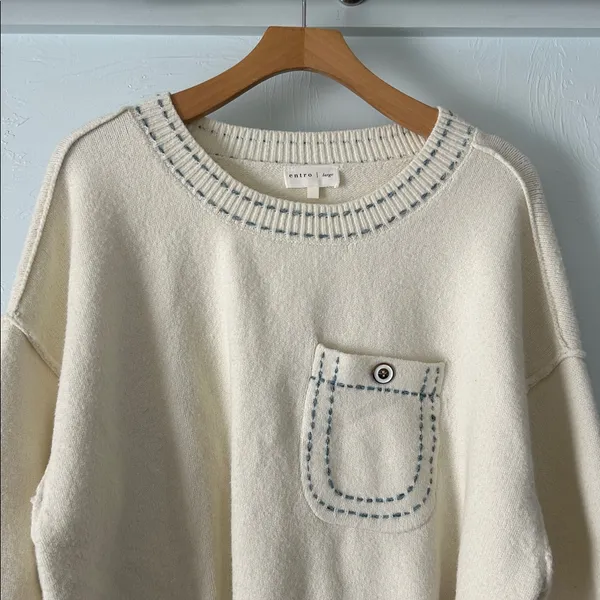 Entro Reverse Seam Cream Sweater with Blue Stitching NWOT - Image 3