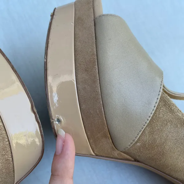 Jessica Simpson Nude Elso Dusty Taupe Open Toe Leather Suede T-Strap Heels - Image 9