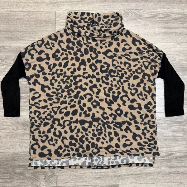 Honeyme Curvy XL Tunic‎ Top Leopard Print Cowl Neck Black Colorblock Sleeve USA - Image 8