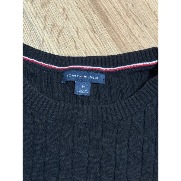 Tommy Hilfiger Womens black‎ Cable Knit Cotton Sweater Size M Crew Neck Logo - Image 3