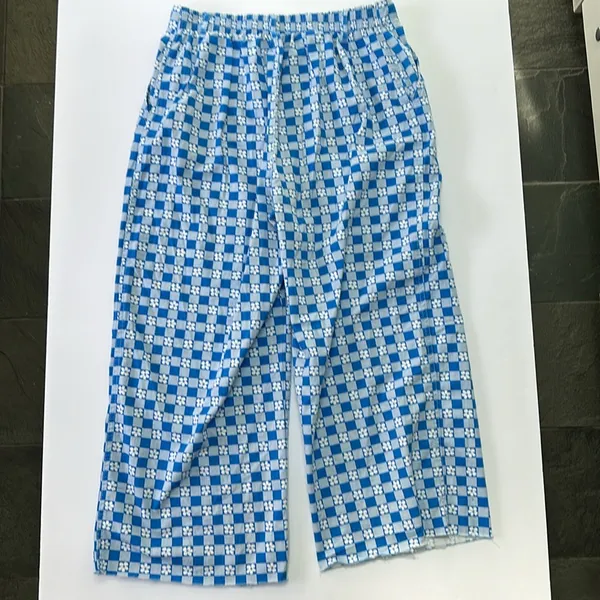 Wild fable pull on wide leg high rise pants retro blue white check with flowers - Image 2