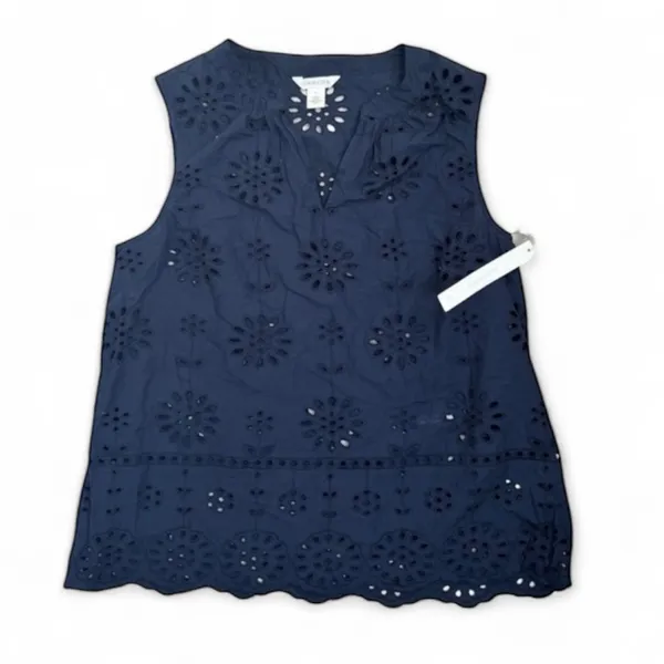 Caslon Sleeveless Top Womens Size S Navy Blue Eyelet V-Neck Floral - Image 2