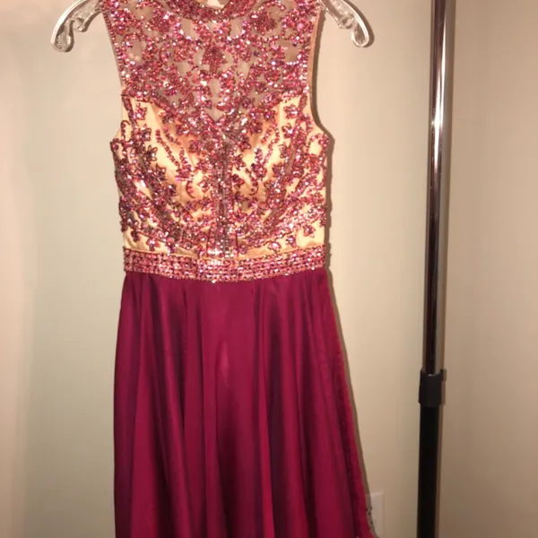 Sherri Hill Fuchsia and Gold Beaded High-Neck Prom Dress - Image 2