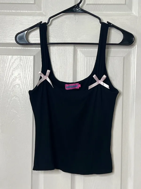 Edikted Bow Tank Top Black Ribbed Coquette Balletcore Y2K Cami Romantic Size M - Image 2