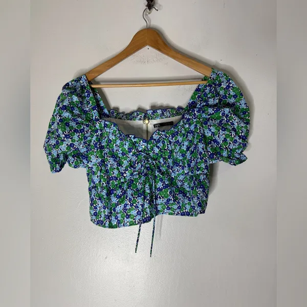 Zara Blue Green Floral Cropped Ruffle Short‎ Sleeve Cotton Blouse Large - Image 2