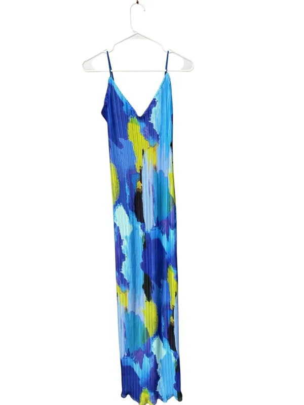 PRETTYLITTLETHING NWT Blue Abstract Print Plisse Low Back Dress Size 12 - Image 3