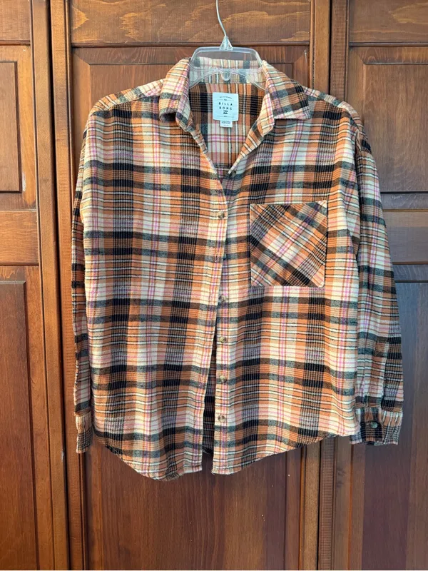 Women’s Billabong Orange Plaid Button-Up Shirt 100% cotton flannel size all - Image 9