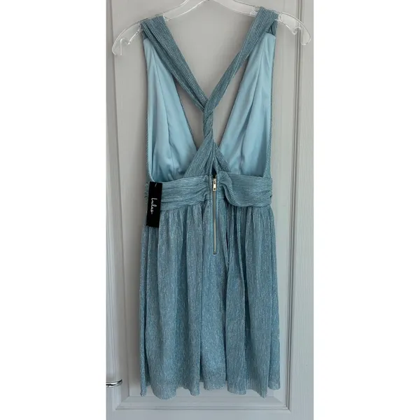 Lulus Light Blue Metallic Pleated Mini Dress V-Neck Open Back‎ 17D1756 Womens S - Image 8