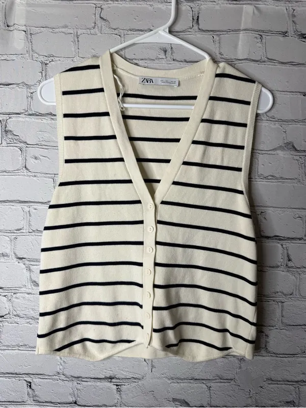 ZARA Cream & Black Striped Knit Button Front Vest size large - Image 2
