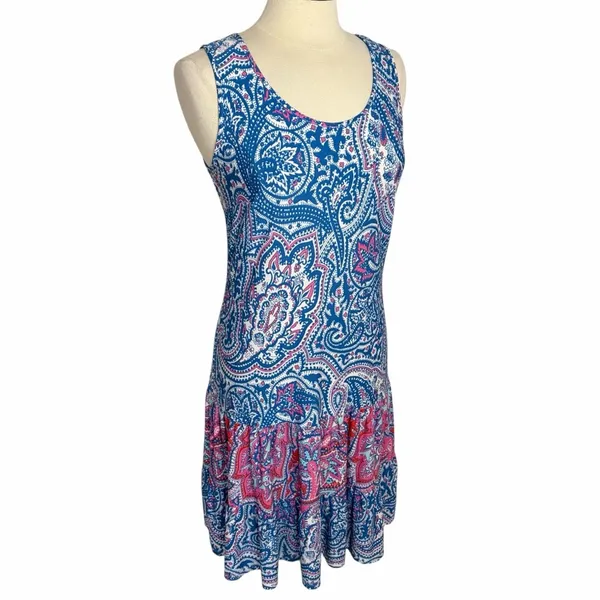 MSK Drop Waist Sleeveless Tiered Midi Dress Bright Blue Paisley, Medium‎ - Image 4
