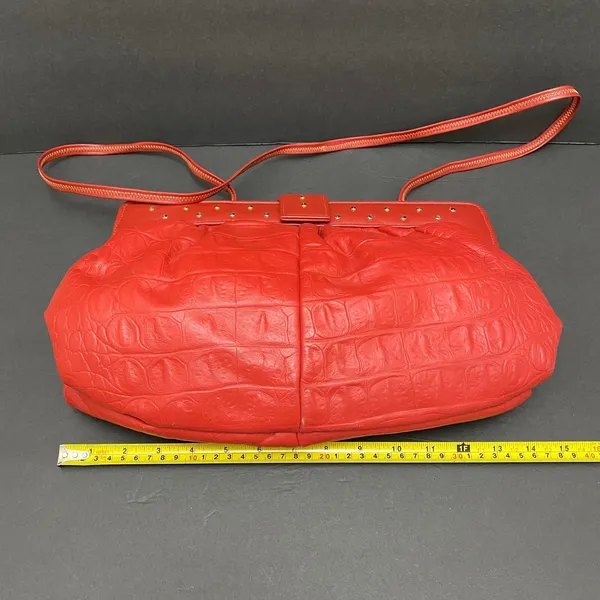 Vintage 90's Red Faux Alligator Shoulder Bag Purse Snap Puffy - Image 11