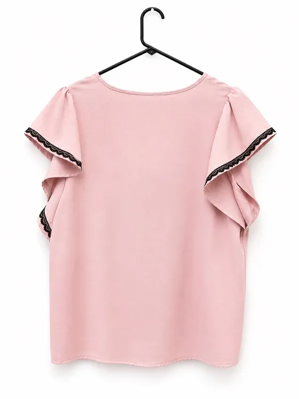 SHEIN Pink Flutter Sleeve Lace Trim Blouse - Image 2
